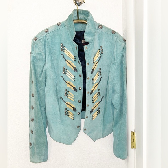 Vintage 💯 Suede Embellished Beaded Military Style Jacket Tiffany Blue SZ: Large - Picture 2 of 16
